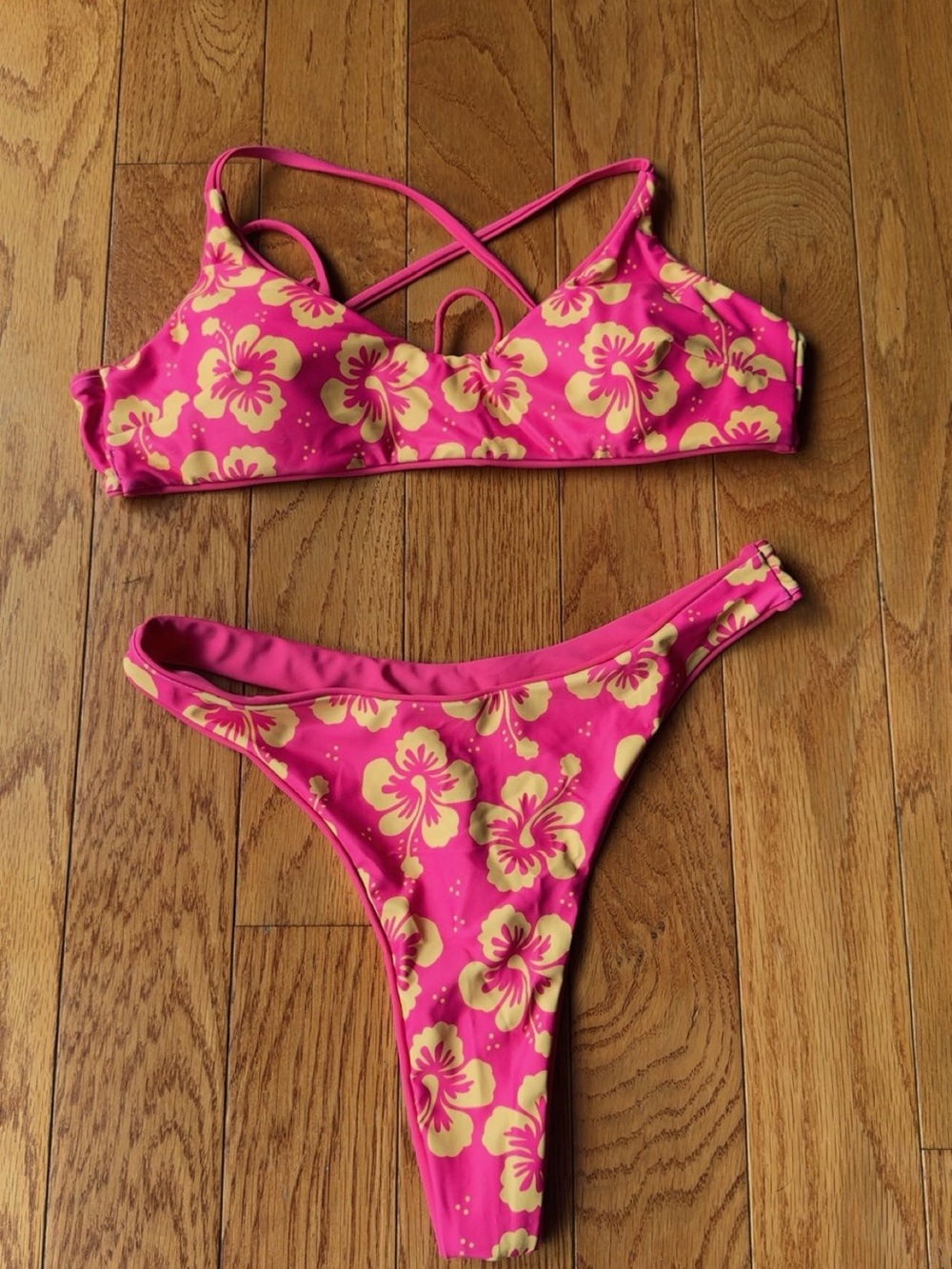 Pink & Yellow Floral Crisscross Bikini Set